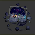 Game and Movie Characters Standing on Broken Rock Platform With Dark Smoke and Colorful Gear