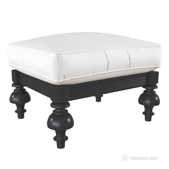 Elegant Ottoman With White Cushioned Top And Decorative Black Wooden Legs 3d model 
