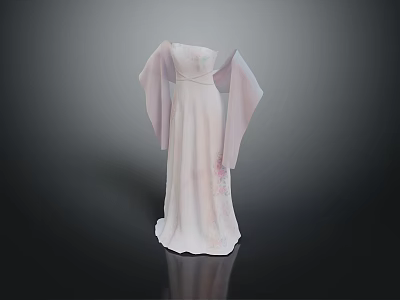 Elegant Strapless White Dress With Pink Sleeves And Floral Skirt Patterns 3d model