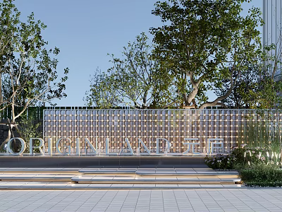Modern Landscape Wall With Grid Design Surrounding Trees Steps And Greenery 3d model