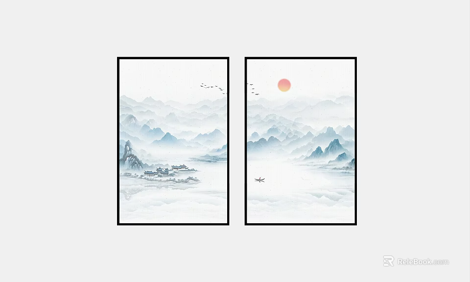 Two Panel Chinese Landscape Paintings With Distant Mountains Sun Boat And Birds 3d model 