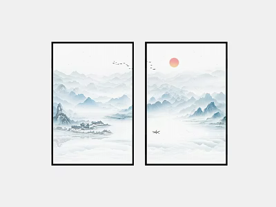 Two Panel Chinese Landscape Paintings With Distant Mountains Sun Boat And Birds 3d model
