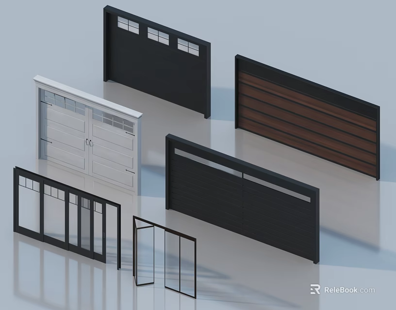 Different Design Entrance Gates With Glass Panels And Wooden Slats In Various Colors 3d model 