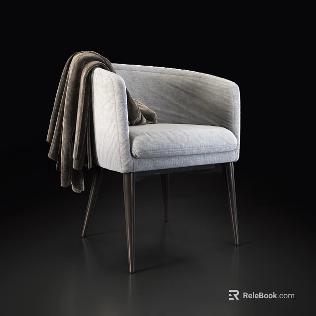Gray Fabric Armchair With Brown Blanket Draped Over Armrest And Wooden Legs 3d model 