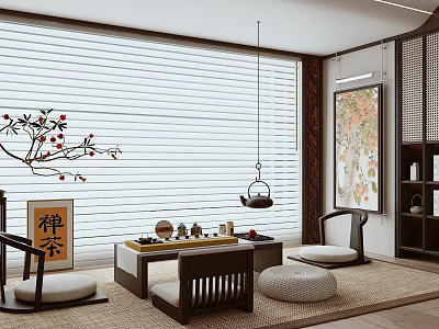 Traditional Chinese Tea Room With Zen Decor White Roller Blinds Tea Sets And Wooden Chairs 3d model