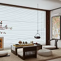 Traditional Chinese Tea Room With Zen Decor White Roller Blinds Tea Sets And Wooden Chairs