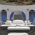 Luxurious KTV Lounge With White Sofas Round Ceiling Mural And Stained Glass Windows