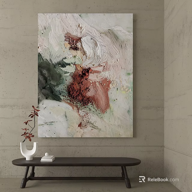 Abstract Painting on Gray Wall with Black Console Table White Vase Red Plant and Book 3d model 