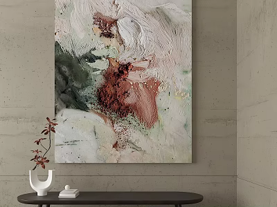 Abstract Painting on Gray Wall with Black Console Table White Vase Red Plant and Book 3d model