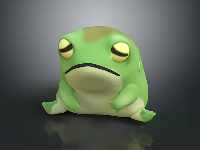 Green Cartoon Frog With Yellow Eyes And Serious Expression Sitting On Black Surface With Reflection 3d model