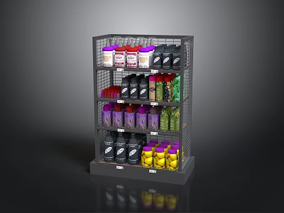 Metal Wire Display Shelf With Colorful Bottles Jars And Canned Goods 3d model