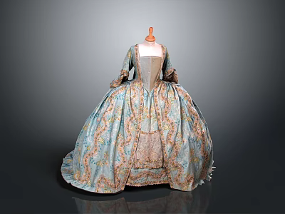 Vintage Elegant Blue Beige Long Dress With Floral Pattern And Decorative Details 3d model