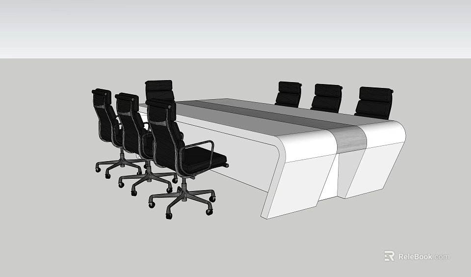 Modern White Conference Table With Black Swivel Office Chairs And Wheels 3d model 