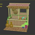 Bamboo Display Shelf With Thatched Roof Terracotta Pots And Small Plants