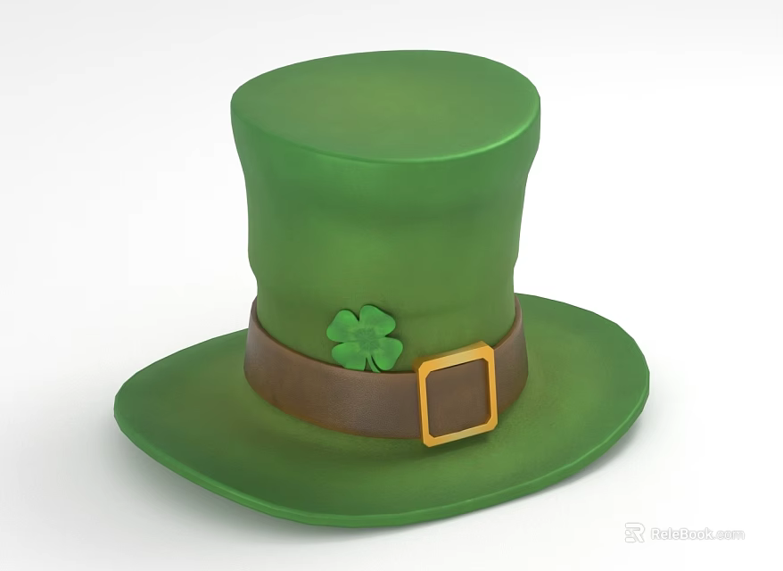Green Top Hat with Brown Band Gold Buckle and Clover Decoration 3d model 
