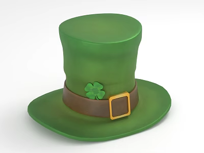 Green Top Hat with Brown Band Gold Buckle and Clover Decoration 3d model