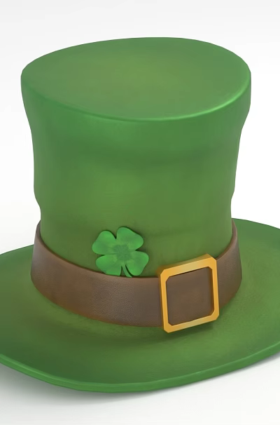 Green Top Hat with Brown Band Gold Buckle and Clover Decoration 3d model