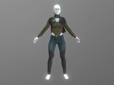 Model Wearing Green Long Sleeve Top With Blue Detail And Blue Jeans Against Gray Background 3d model