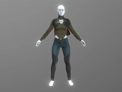 Model Wearing Green Long Sleeve Top With Blue Detail And Blue Jeans Against Gray Background 3d model