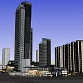 Modern Urban Commercial Complex With Shopping Mall Plaza Tall Buildings And Greenery
