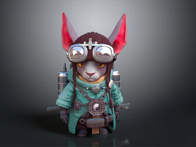 Steampunk Anthropomorphic Creature Character with Large Red Ears Goggles Green Coat and Mechanical Backpack 3d model