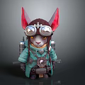 Steampunk Anthropomorphic Creature Character with Large Red Ears Goggles Green Coat and Mechanical Backpack