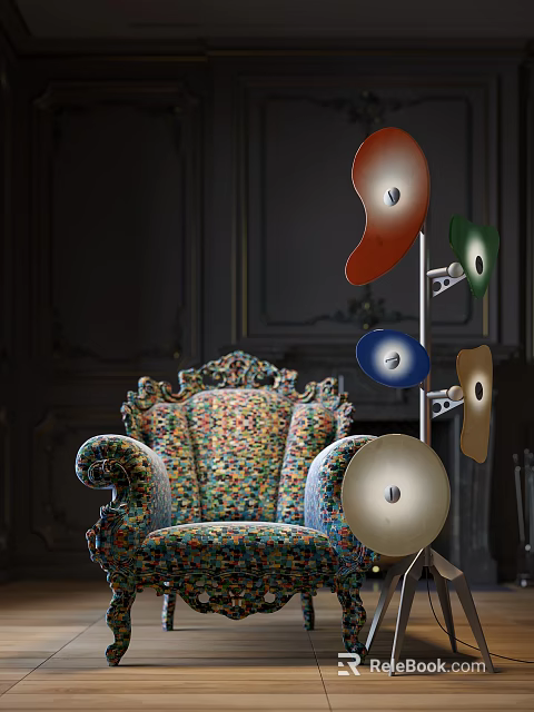 Ornate Vintage Single Sofa With Colorful Floral Upholstery And Multicolored Decorative Lamps 3d model 