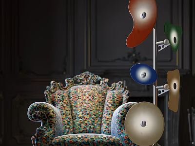 Ornate Vintage Single Sofa With Colorful Floral Upholstery And Multicolored Decorative Lamps 3d model