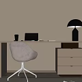 Modern Home Office Desk With Gray Chair Laptop Black Table Lamp And Green Plant