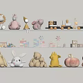 Cute Stuffed Animal Dolls Displayed On White Shelf With Various Shapes