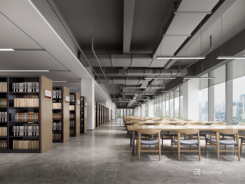 Modern Library Interior With Bookshelves Reading Tables And Large Windows 3d model 