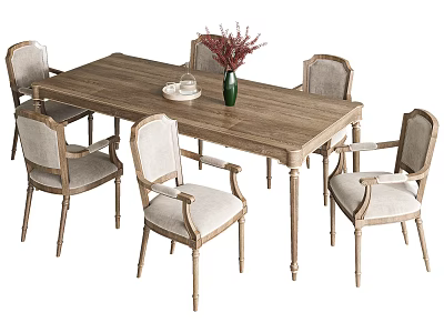 Rectangular Wooden Dining Table Set With Six Upholstered Chairs And Green Vase Floral Decoration 3d model