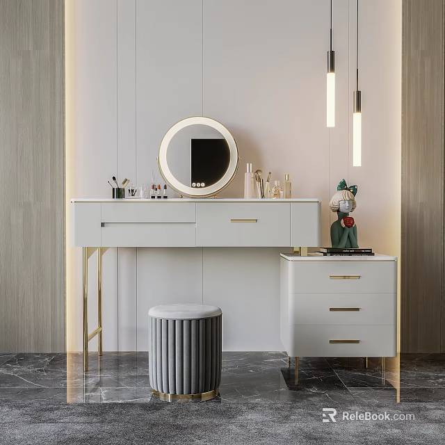Modern White Dressing Table with Round Mirror Gold Handles Stool and Cosmetics 3d model 