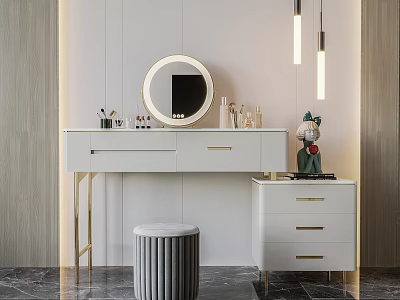 Modern White Dressing Table with Round Mirror Gold Handles Stool and Cosmetics 3d model