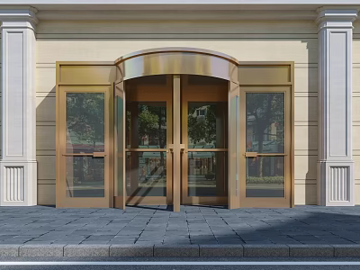 Golden Revolving Door Entrance With Glass Panels And Stone Facade Design 3d model