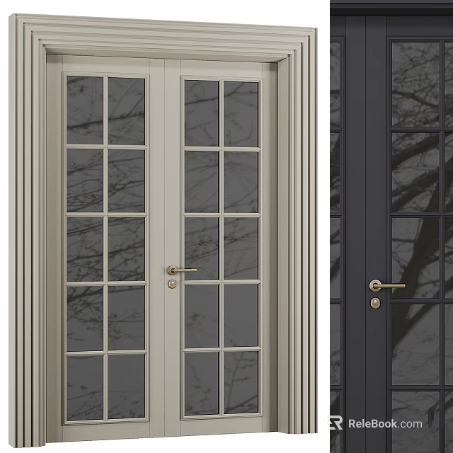 Stylish Double Doors With Glass Panes And Golden Handles For Home Exterior Design 3d model 
