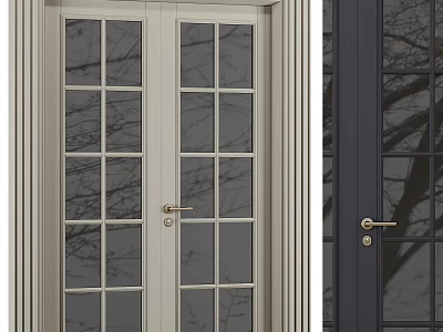 Stylish Double Doors With Glass Panes And Golden Handles For Home Exterior Design 3d model