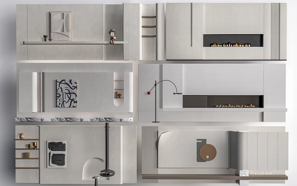 Modern Wall Paneling In Minimalist Interior With Fireplace And Art 3d model 