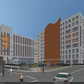 Modern School Building Exterior With Basketball Court Campus People And Cars
