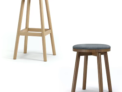 Light And Dark Wood Bar Stools With Tall Structure And Gray Padded Seat 3d model