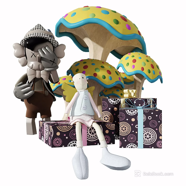 Cute Plush Dolls Sitting Among Colorful Polka Dot Mushrooms And Patterned Gift Boxes 3d model 