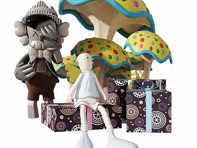 Cute Plush Dolls Sitting Among Colorful Polka Dot Mushrooms And Patterned Gift Boxes 3d model