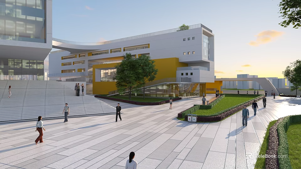 Modern Campus Building Exterior With Open Square Pedestrians Greenery And Steps 3d model 
