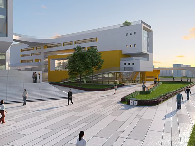 Modern Campus Building Exterior With Open Square Pedestrians Greenery And Steps 3d model