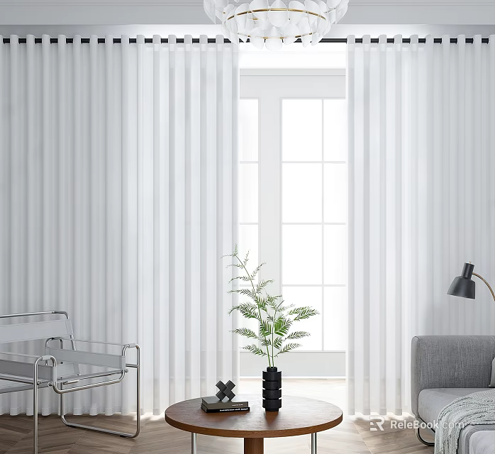 Elegant White Striped Sheer Curtains For Bright Living Room Floor To Ceiling Windows 3d model 