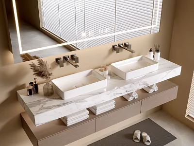 Modern Bathroom Vanity With Marble Countertop Double White Sinks Wooden Cabinet And Wall Mirror 3d model