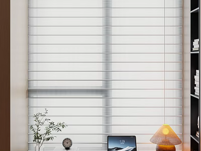 Modern Venetian Blinds in Interior with Table Laptop Lamp and Small Plant 3d model