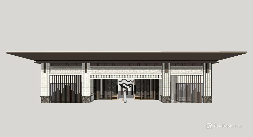 Traditional Entrance Gate Design With Decorative Grilles Stone Columns And Dark Roof 3d model 