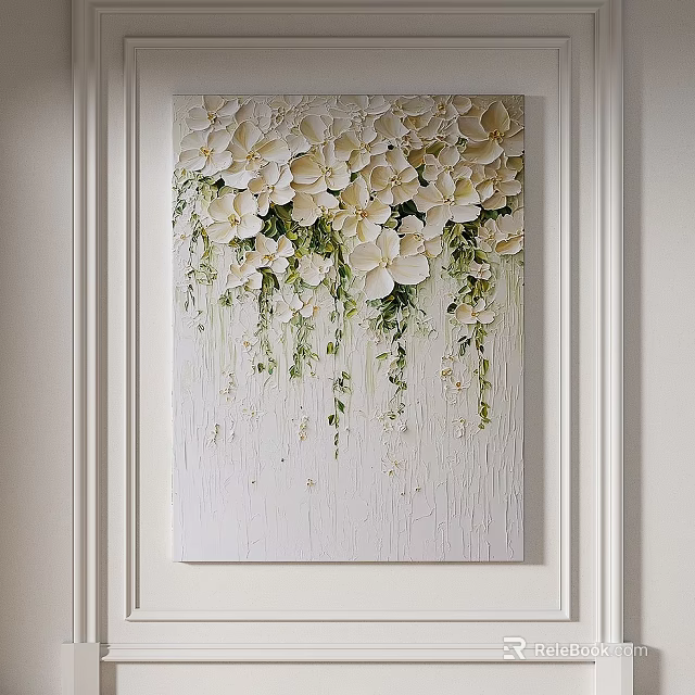 Elegant 3D Floral Decorative Painting With White Flowers Green Leaves Light Background Hanging On Wall 3d model 