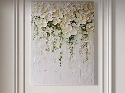 Elegant 3D Floral Decorative Painting With White Flowers Green Leaves Light Background Hanging On Wall 3d model